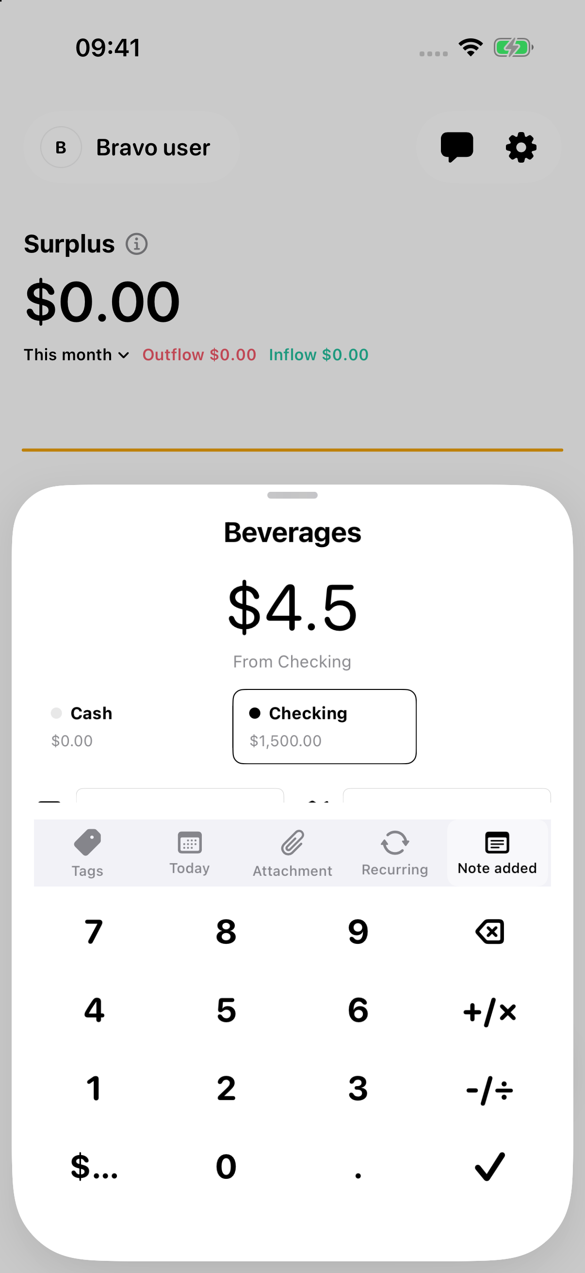 Transaction entry screen with account, tags, attachment, and note controls. Illustrative sample data.
