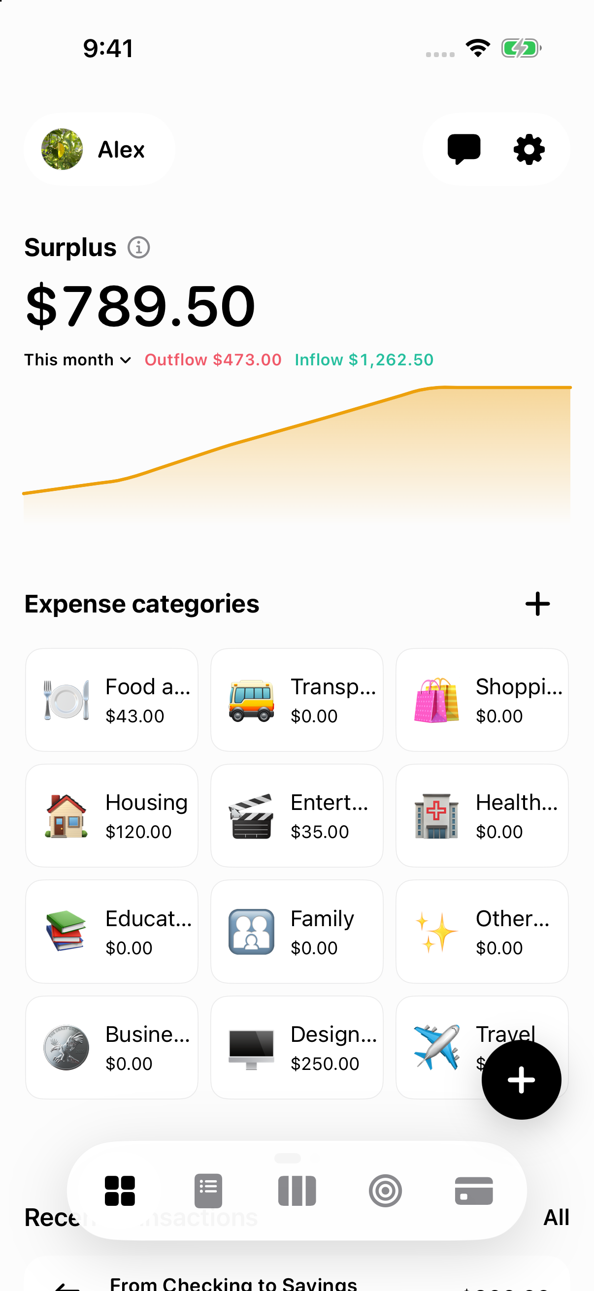 Bravo Ledger Home showing the surplus curve and spending categories. Illustrative sample data.