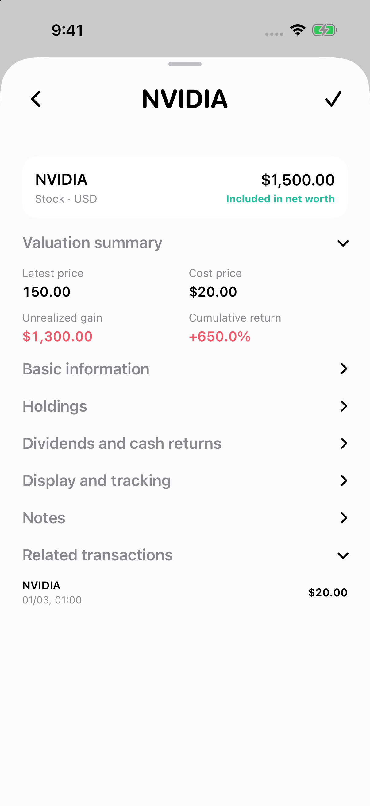 Investment holding details showing shares, market value, cost basis, and return. Illustrative sample data.