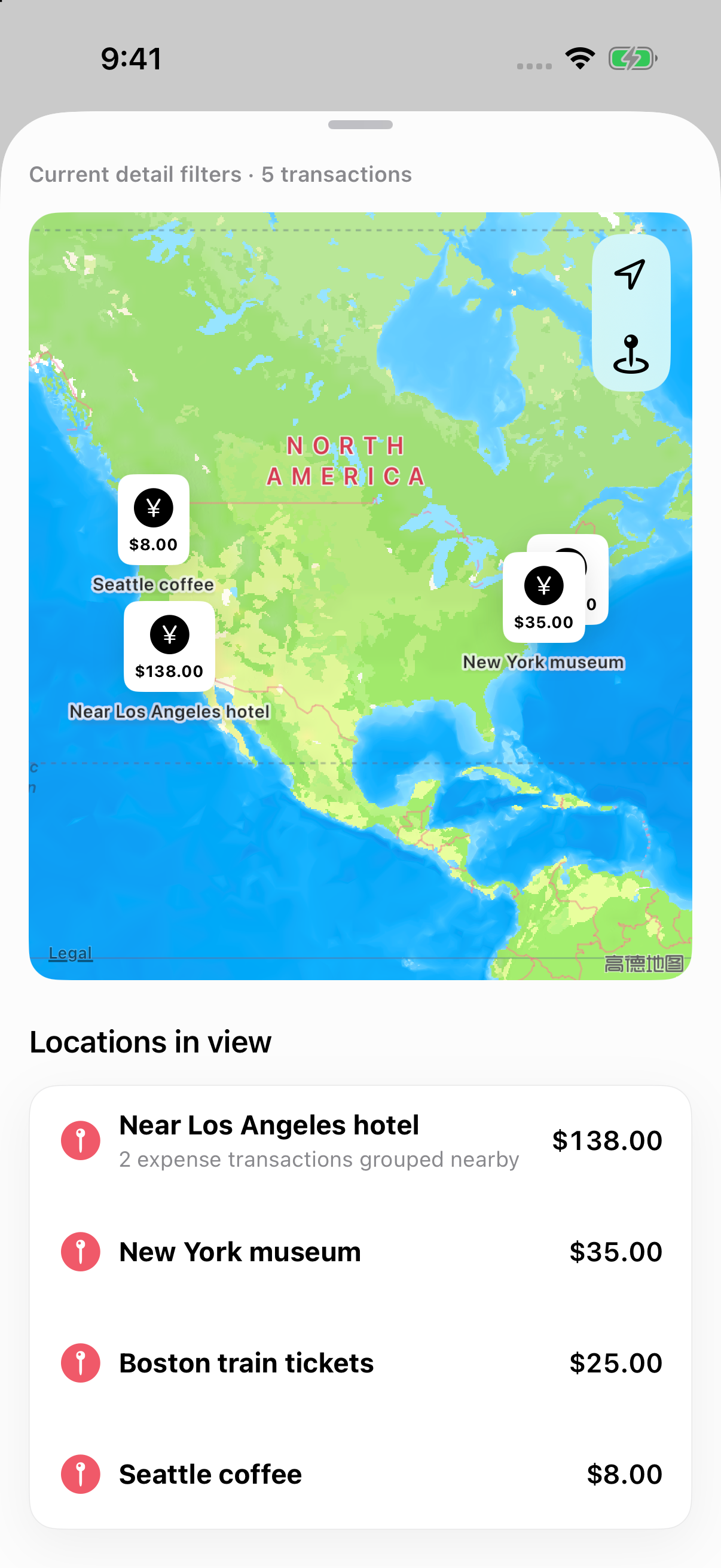 Map of trip expenses filtered by a travel tag with spending locations. Illustrative sample data.